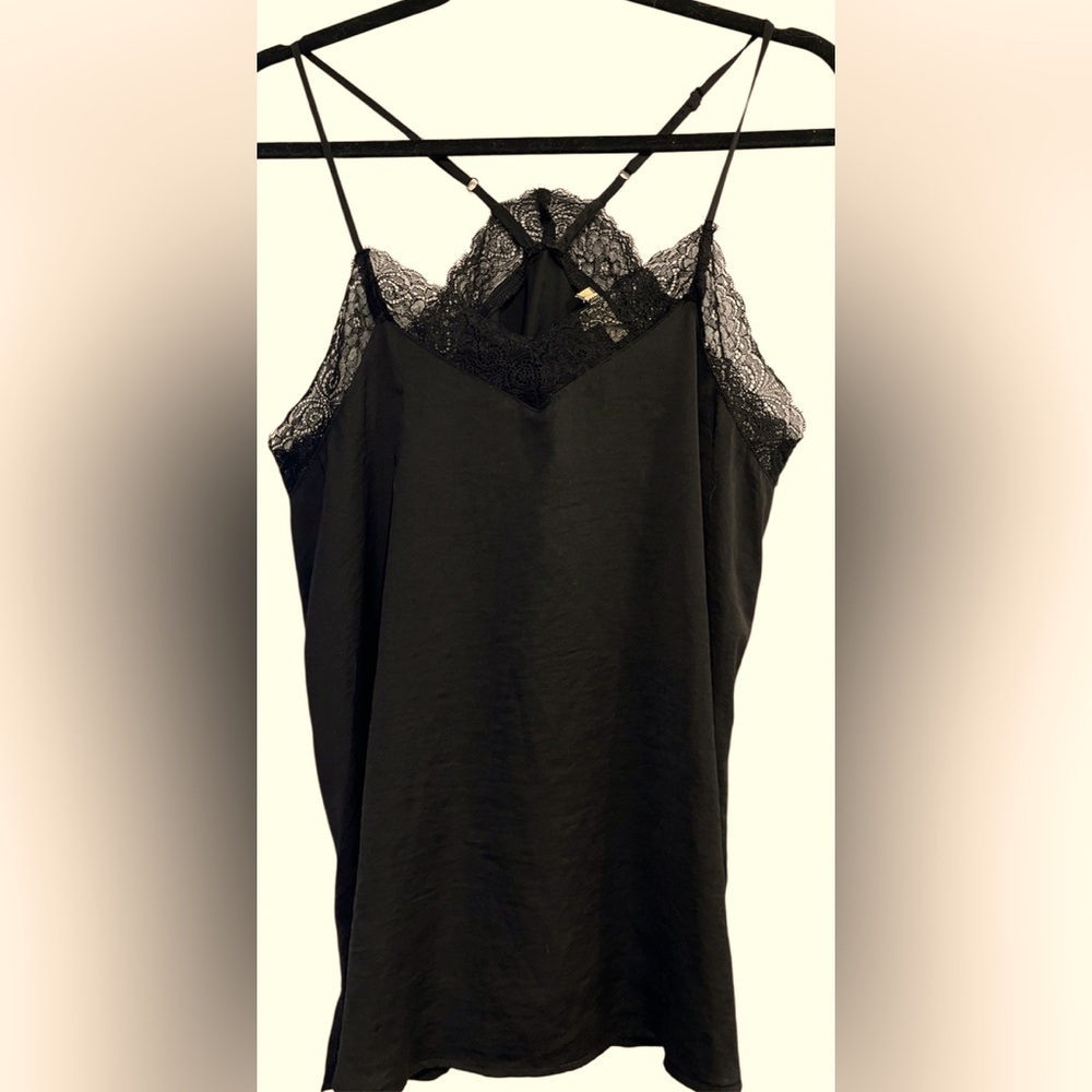 Kori America Silky Black Lace Trim Cami Tank Top Halter Adjustable Straps Sz M